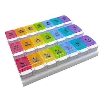 EZY DOSE Weekly (7 jours) Cas de pilule, planificateur de médecine quotidienne, récipient d'organisateur de vitamines, grands compartiments à bouton poussoir, facile à utiliser, 3 fois par jour, Spring Open Design, Rainbow Lids, sans BPA