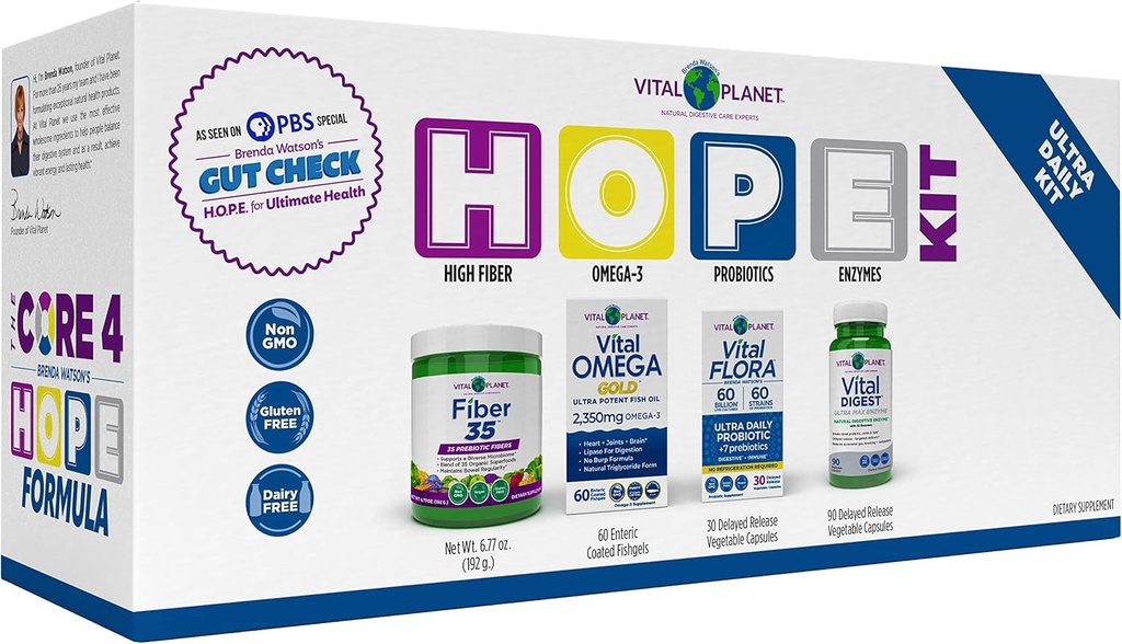 Vital Planet – Gut Check Hope Formula Kit von Brenda Watson - 4 Produktpaket mit Ultra Daily Probiotic 30 Cap, Fiber 35 Powder 6.7oz, Vital Omega Oil 60 Softgels und Verdauungsenzym 90 Cap