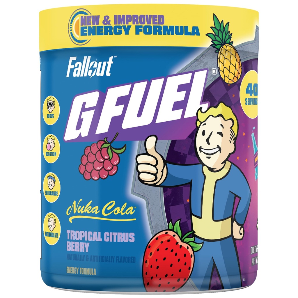G Carburant Nuka Cola poudre d'énergie, sans sucre, pur supplément de caféine, mélange d'eau, agrumes tropicaux saveur de baie, Focus Amino, vitamine + antioxydants mélange - 9,8 oz (40 portions)