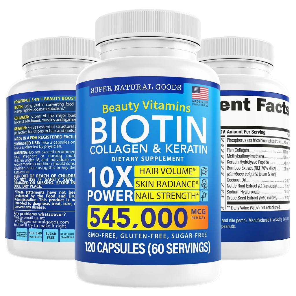 Biotin und Kollagen Vitamine + Keratin mit Folat - Haarausfall Behandlungen für Frauen & Männer - Follikel, Haut und Nagel Ergänzungen für Haarwachstum & Postpartum Unterstützung - GMO Free & Gluten Free (120 Caps)