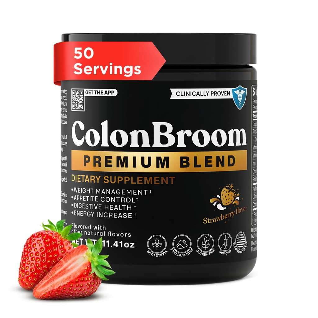 ColonBroom Premium Powder Supplement (Strawberry) - Colon Broom Psyllium Husk Fiber Powder Drink - Glutenfrei, Non-GMO Colon Cleanse für Bloating Relief & Gut Health, 50 Portionen