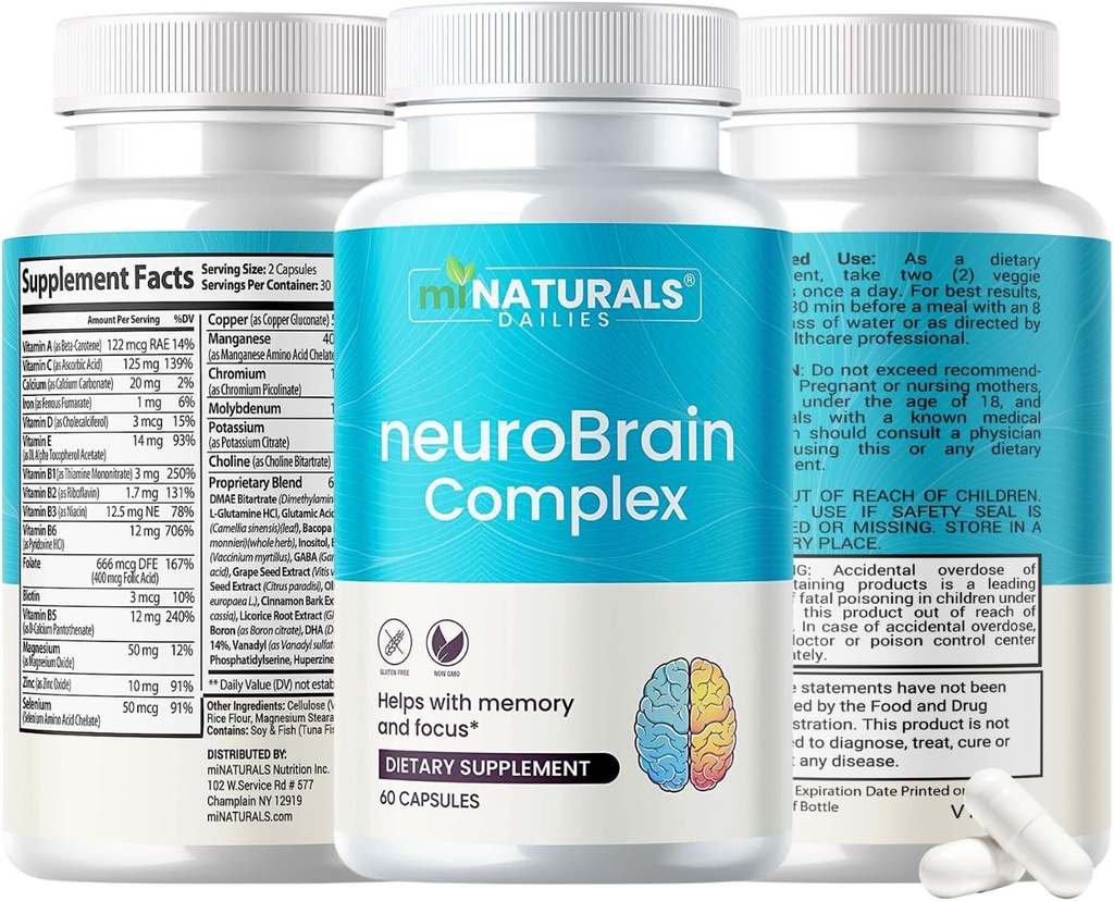 miNATURALS neuroBRAIN Complex Integratori per l'aiuto con la memoria e messa a fuoco per gli uomini, le donne e gli anziani, le vitamine e Bacopa, GABA, semi di uva, estratto di...