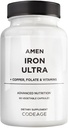 Amen Iron Ultra Supplement + Cuivre, Folate, Vitamine C et B12-2-Ment - Sulfate de fer Fer Vitamine - 65mg par portion - Acide folique - Pilules non OGM - 60 Capsules