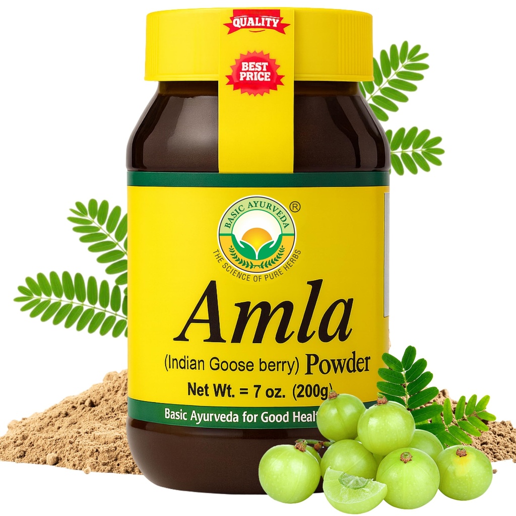 BASIC AYURVEDA Amla Powder 7.05 Oz (200gm) | 100% Raw & Natural Indian Gooseberry (Amalaki) für Haar, Haut und Immunität | Keine Zusatzstoffe | Ideal für Glatteien, DIY Masken, Kräutereinsatz & Wellness