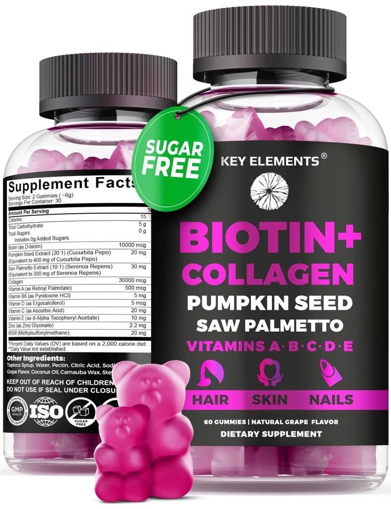 Haarhaut und Nägel 10000mcg Biotin Gummies & Collagen Gummies - Biotin Vitamine für Haarwachstum Kürbiskernöl, Sägepalmeextrakt & Vitamine A B6 C D E - Biotin und Kollagen Supplements