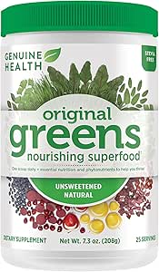 Genuine Health Greens+ Original Superfood Powder - Unsweetened Natural - Stevia Free - Chlorophyll Rich Ingredients, Spirulina, Milchdistel, Antioxidantien -Dairy Free -208g-25 Servierungen