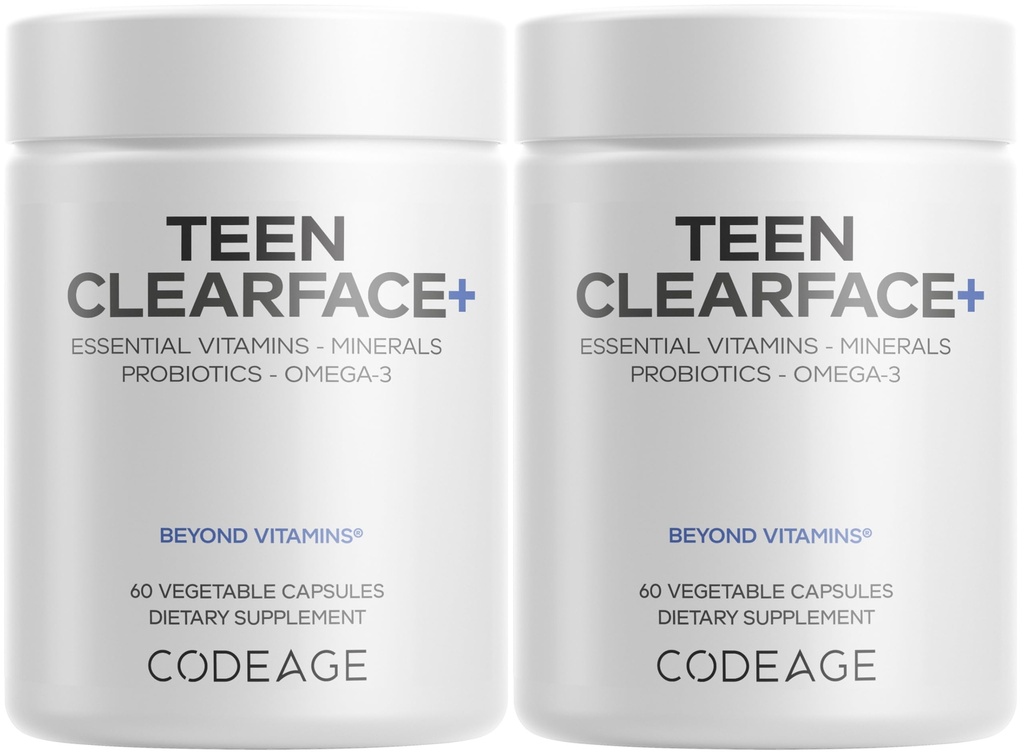 Codeage teen Clearface adolescente faccia, pelle &amp; brufoli, vitamine A, C, D3, E, acido pantotenico, niacina, zinco Supplemento adolescenti, probiotici, L-Lysine, Omega-3, pelle grassa, Pores, Spots - 2 confezione