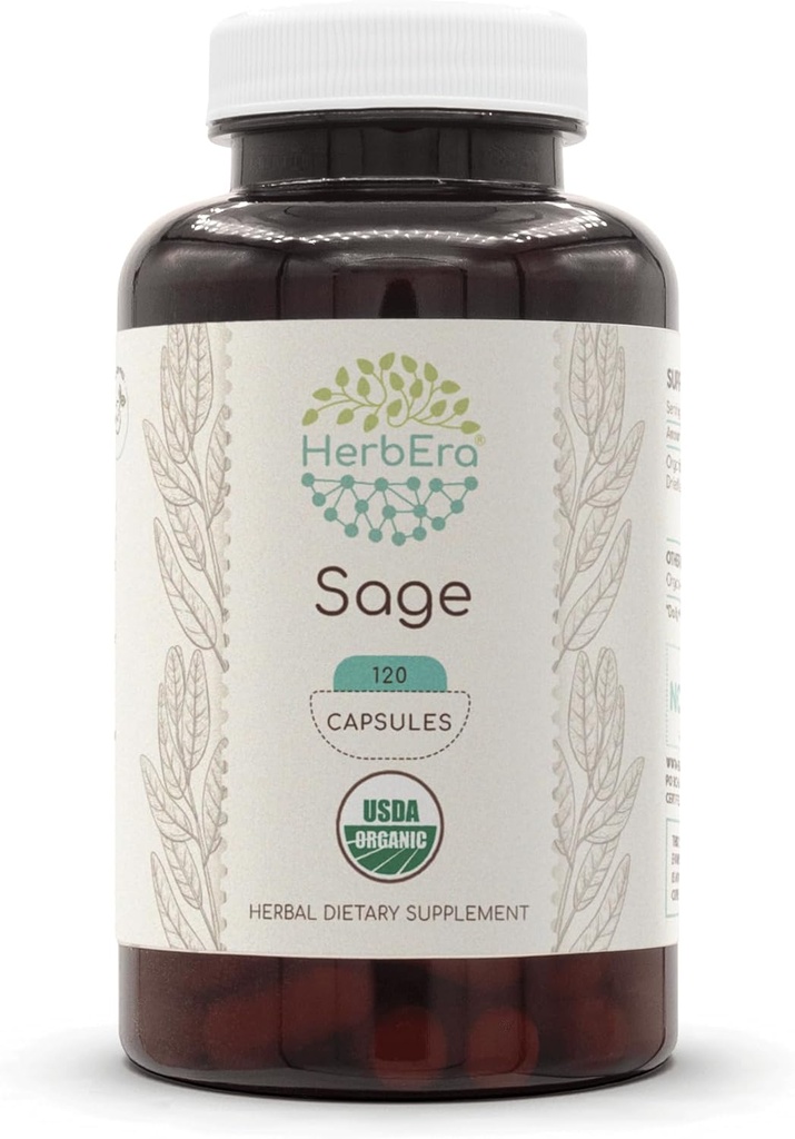 HerbEra Sage USDA Organic 120 Capsule | Natural Herbal Supplement | Capsule Vegetariani Organici Certificati e Sage Organico (Salvia officinalis) Foglia secca (120 Capsule)