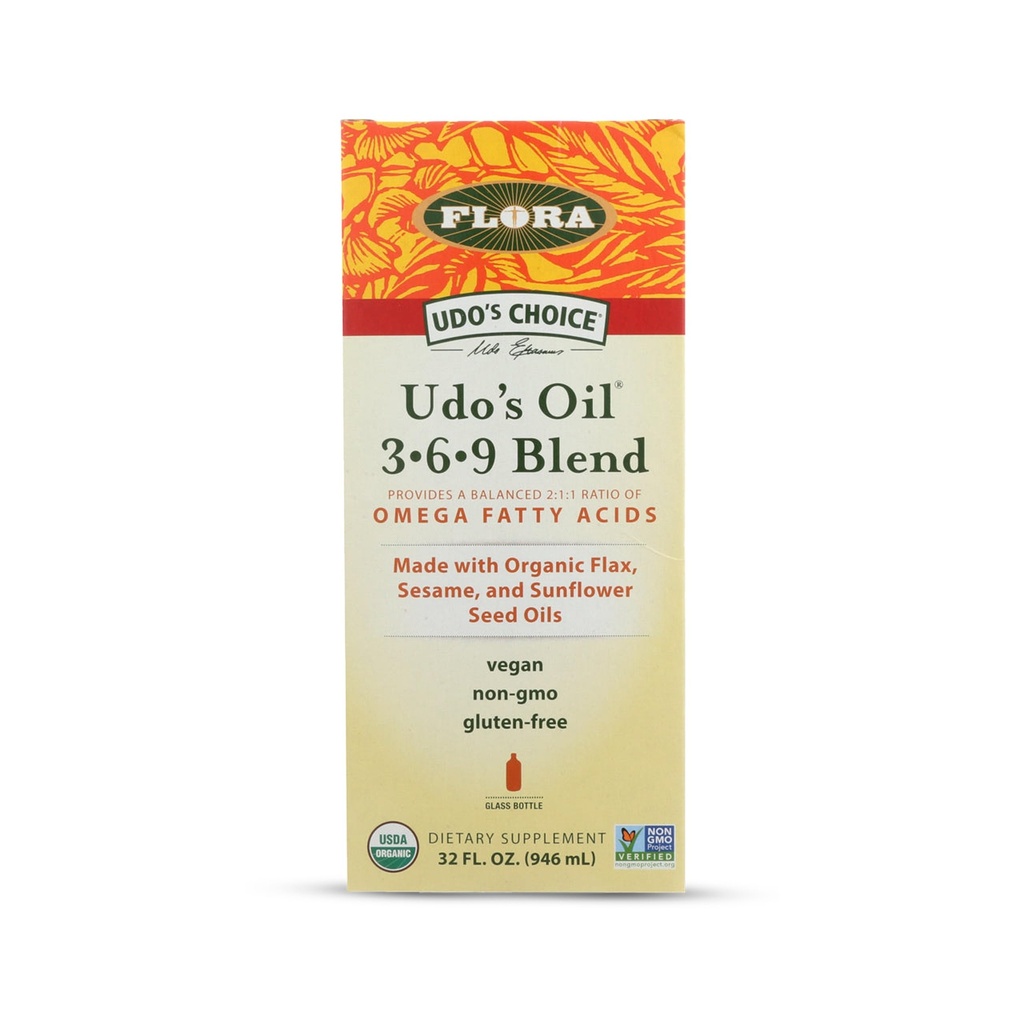 Olio di Flora Udo 3-6-9 Blend - Vegan Omega-3-6, Contiene cocco biologico, olio di semi di lino e altro ancora - Tenere Chilled - 32 fl. oz.