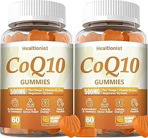 2 Pack 500MG Coq10 Gommies - 3X Mieux Absorption, plus Oméga-3, Magnésium, Vitamine B3 et Zinc - Coenzyme Q10 suppléments pour la santé cardiaque, énergie cellulaire et antioxydant, végétalien, 120 comtes