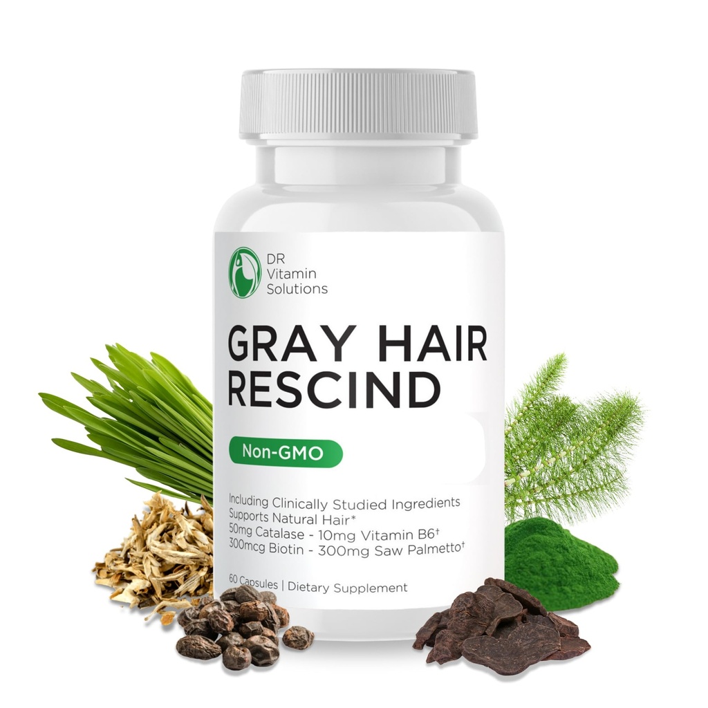 DR Vitamine Solutions Cheveux gris rescindés avec Catalase - Antivieillissement des cheveux, de la peau et des ongles Vitamines, Acide pantothénique, Acide folique 400mcg, Biotine 300mcg, Saw Palmetto pour hommes et femmes