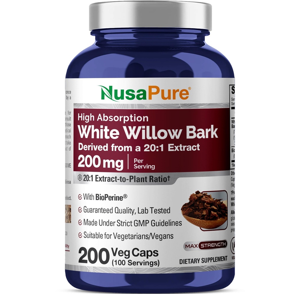 NusaPure White Willow Bark 20:1 Extrakt, 200 mg Äquivalent zu 4000mg, 200 Veggie Kapseln, Max Strength, (Non-GMO, Vegan)