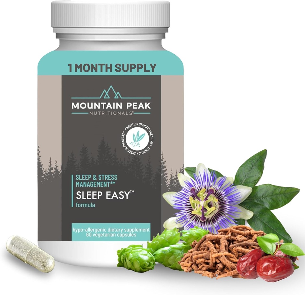Mountain Peak Nutritionals Sleep Easy - Supplément de soutien au sommeil Promouvoir une humeur relaxante et calme - 5-HTP, acides aminés, mélatonine et magnésium - Supplément alimentaire hypoallergénique (60 capsules)
