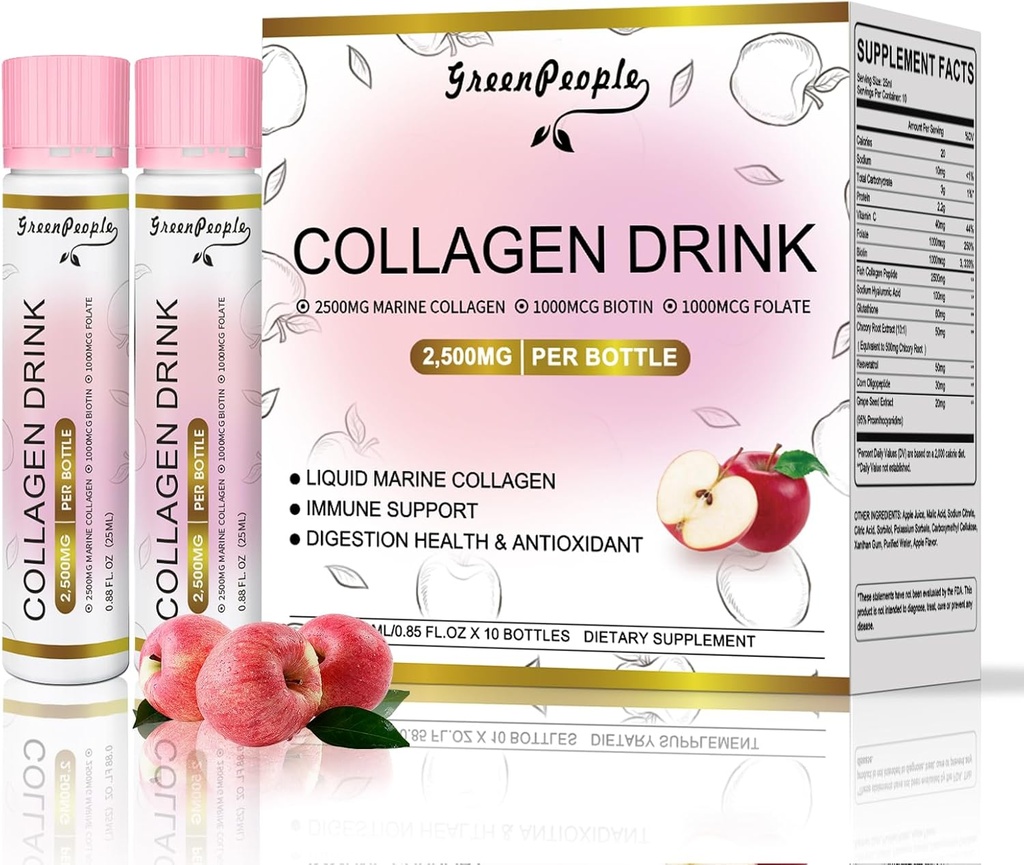 GREENPEOPLE flüssiges Kollagen für Frauen und Männer, Fisch Collagen Peptide + Hyaluronsäure + Vitamin Bs & C, Haar Haut Nägel Gelenke Knochen Unterstützung (0.85 fl oz, 10 Flaschen, Apple)
