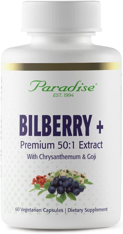 Paradise Herbs Bilberry con Goji & Chrysanthemum Supplements, Super Potent, Ultra Pure, Non OGM, Gluten Free, Vegan, 60 capsule vegetariane