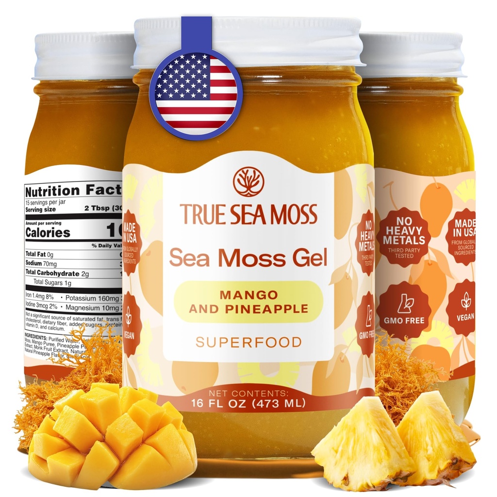 TrueSeaMoss Wildcrafted Irish Sea Moss Gel - Seamoss, Gut Health & Antioxydant Supports - Fabriqué aux États-Unis (Mango/Pineapple, Pack de 1)