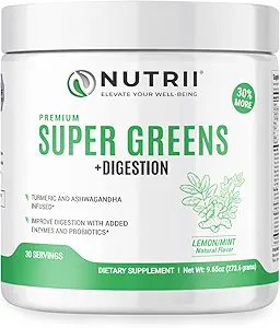 Polvere di superfood di immunità verde organica - Soothes Digestione, migliora la vitalità sana e l'energia. Formula di recitazione veloce con probiotici, enzimi, curcuma e Ashwagandha (30 Servings Lemon-Mint)