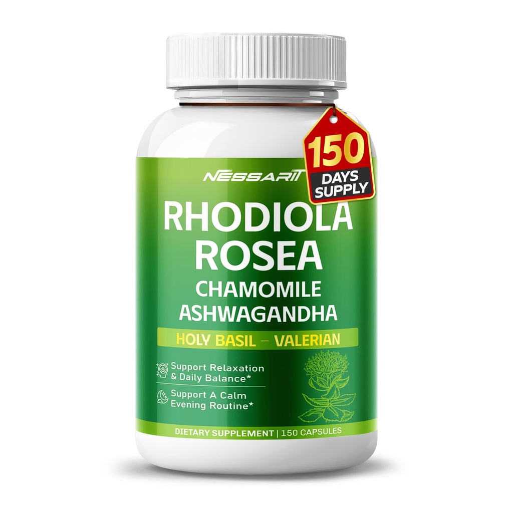 RHODIOLA ROSEA Supplement- 11-in-1 Natürliche Mischung mit Kamille L-Theanin Ashwagandha Heilige Basil Valerian Passionflower - 150 Count - Made & Tested in USA