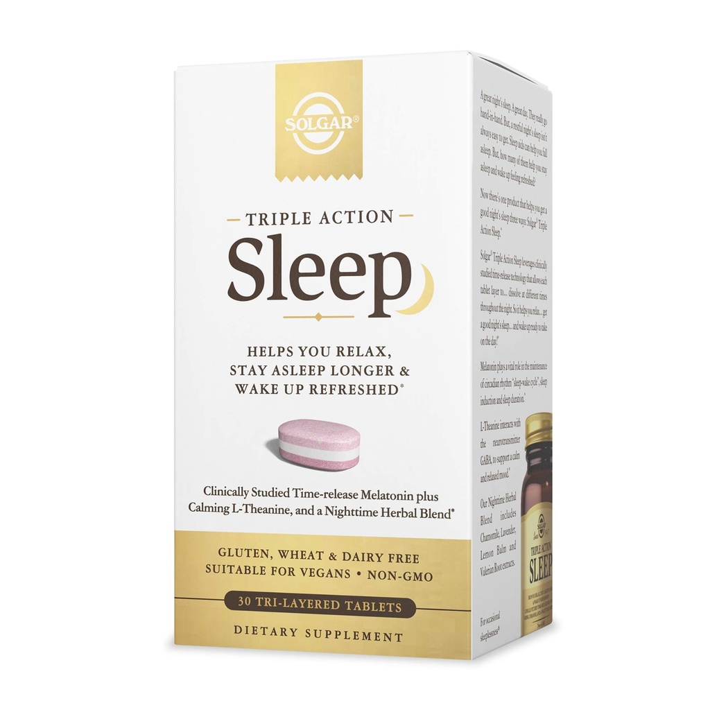 Solgar Triple Action Sleep, 30 Comprimés Tri-Layer - Melatonine et L-Theanine Plus Mélange à base de plantes - vous aide à vous détendre, à dormir rapidement et à rester plus longtemps - Non-OGM, sans gluten - 30 portions