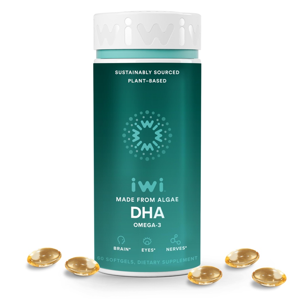 Iwi DHA Omega-3, 60 Softgels (30 Servierungen), Pflanzenbasierte Algen Omega 3, Gehirn, Augen & Nervous System Unterstützung Nahrungsergänzung, Krill & Fisch Öl Alternative, keine Fishy Nachgeschmack