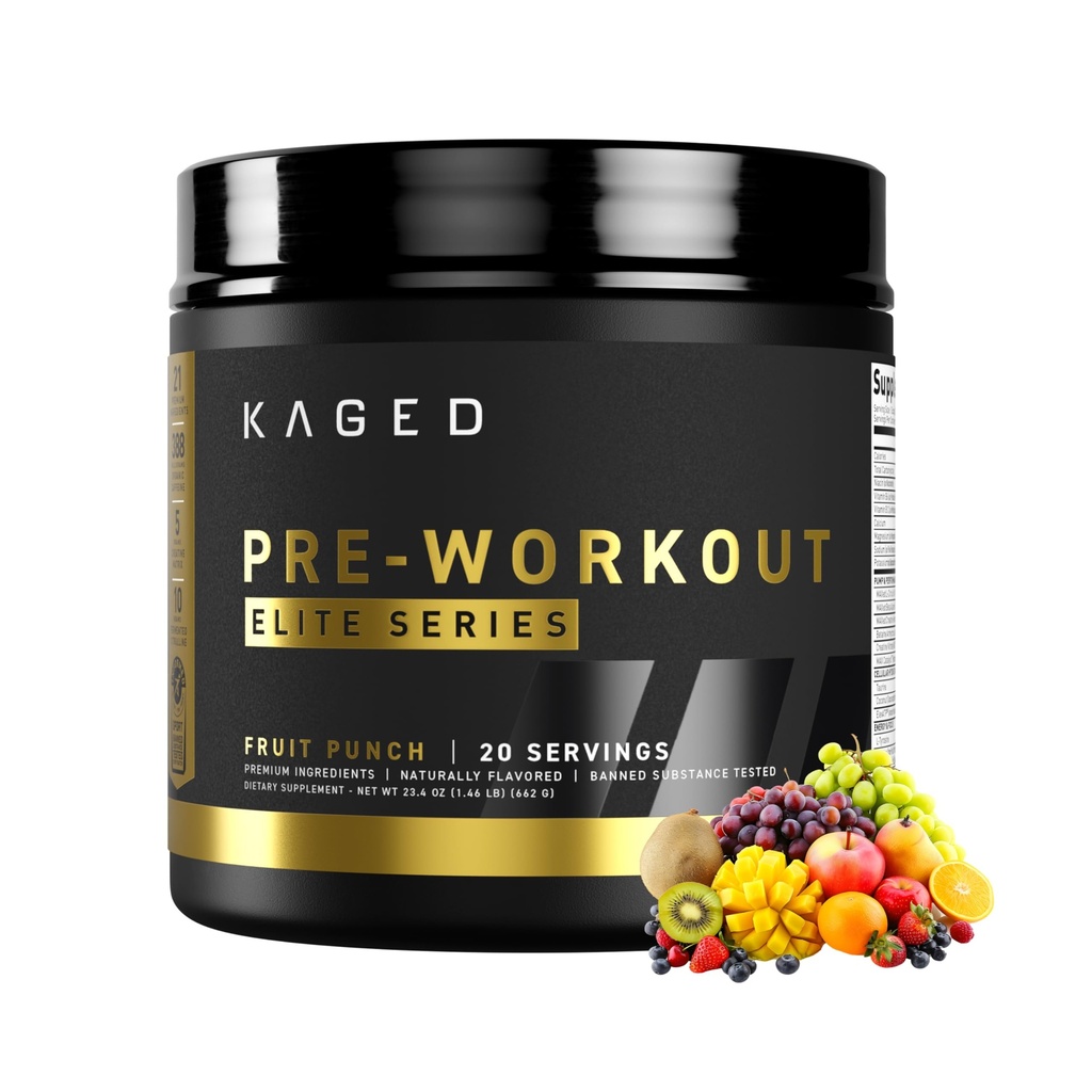 Pré-entraînement en poudre Elite Kaged Punch de fruits avec de la créatine, Beta Alanine, L-Citrulline, BCAAs