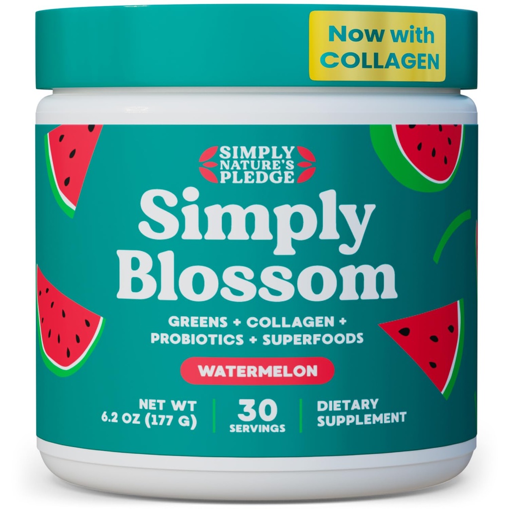 Semplicemente Blossom Nutrition Daily Greens & Superfood Powder + Collagen + Probiotici per la salute digestiva delle donne & Bloating Relief. Aiuta la tua salute Bloom - 30 giorni di alimentazione - Watermelon