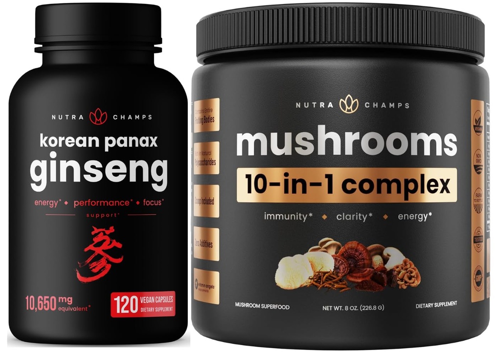 NutraChamps 10-en-1 Champignons Poudre et Ginseng - Ultimate Energy, Stamina & Cognition Support Bundle.