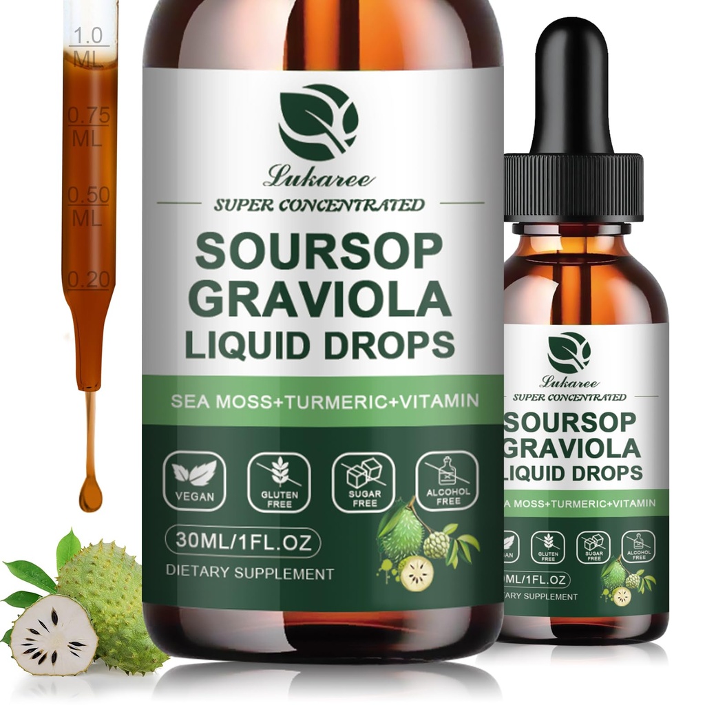 (2 Pack) Soursop Graviola Blatt Extrakt Flüssigkeit Tropfen Plus reine Botanische Meer Moos für Zellunterstützung & Regeneration, Immunität, Leber, Gut & Antioxidans - Soursop Bitters Flüssigkeit, natürliche Geschmack, 1 Fl Oz