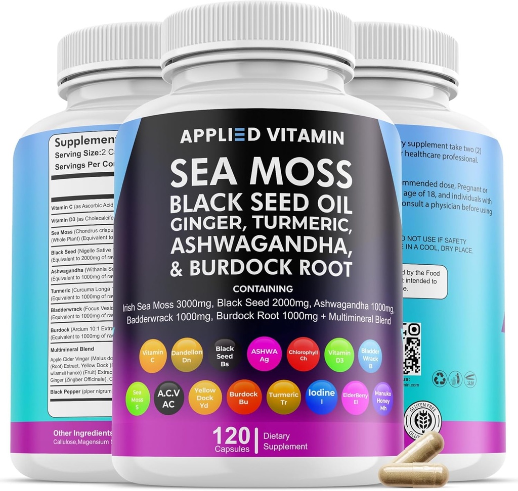 Sea Moss 3000mg Kapseln, Organische Immununterstützung Schwarzes Seedöl, Ashwagandha Ergänzungen, Bladderwrack Organic, Turmeric, Burdock Root Organic, Vitamin C, D3, Vegan Minerals (120)