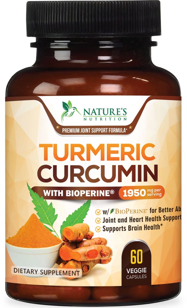 Kurkuminus-Ergänzung 1950mg - 95% Curcuminoide mit Organic Turmeric & BioPerine Black Pepper Extract für beste Absorption, Nature's Vegan Joint Support, Non-GMO, Bottled in USA - 60 Kapseln
