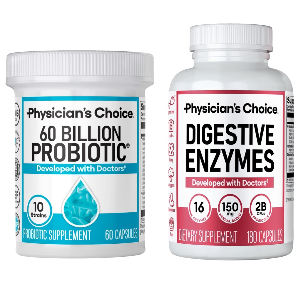 Physicians CHOICE - Optimal Gut Health Bundle: 60 Billion Probiotic 60ct + Verdauungsenzym 180ct für Verdauungskomfort und Immununterstützung - Value Bundle