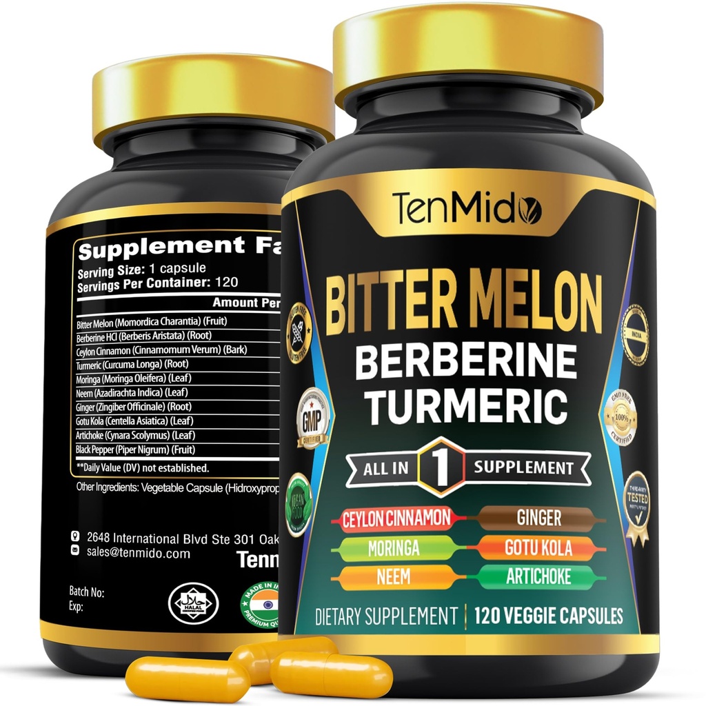 Capsules Melon Bitter - Formule 10in1 - Combiner avec Berberine, Ceylan Cinnamon, Turmeric, Moringa, Neem, Ginger, Gotu Kola, Artichoke et Black Pepper - 120 Capsules pour 4 mois d'approvisionnement