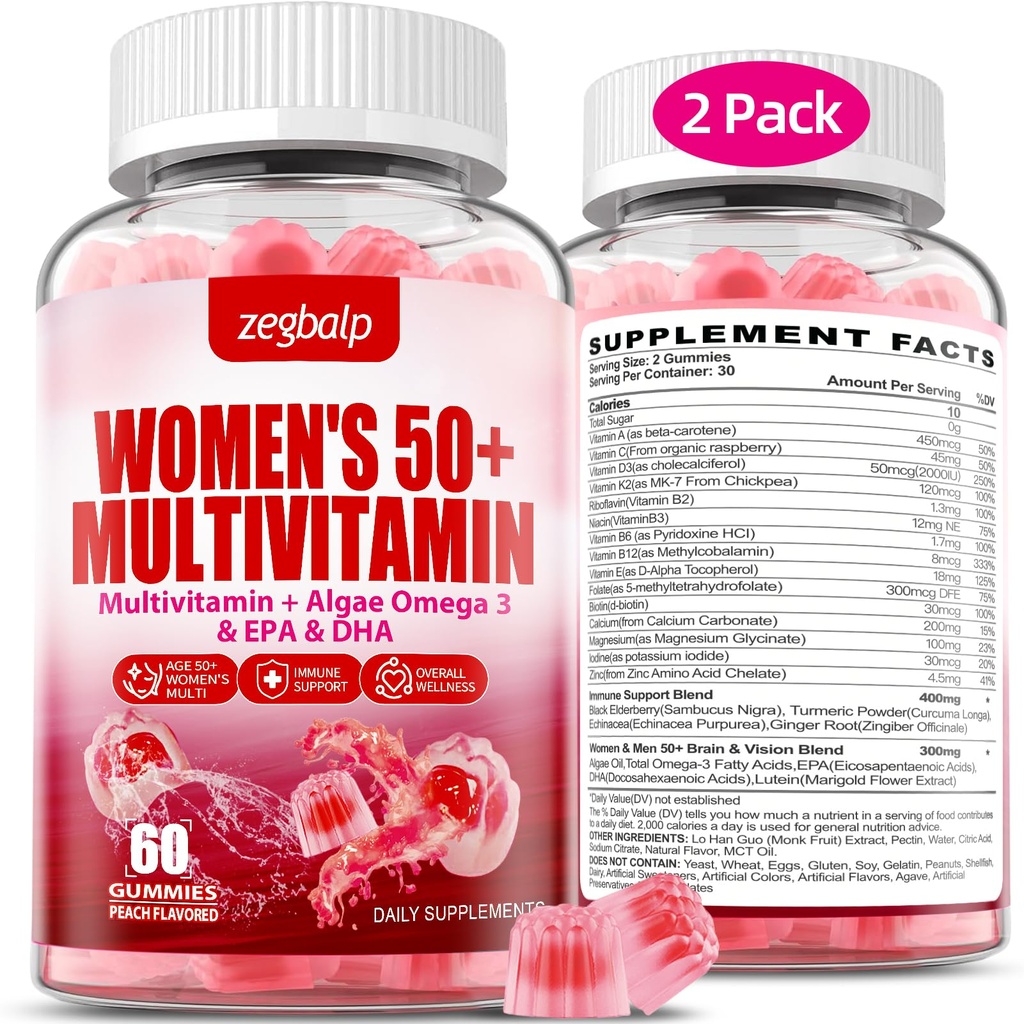 Zuckerfreie Frauen Multivitamin 50 Plus Gummie mit Calcium, Magnesium, Zink, Vitamin A, C, D3, E, K2, B Complex, Folate, Biotin - Multi Vitamine & Minerale für Haut, Energie, Immununterstützung
