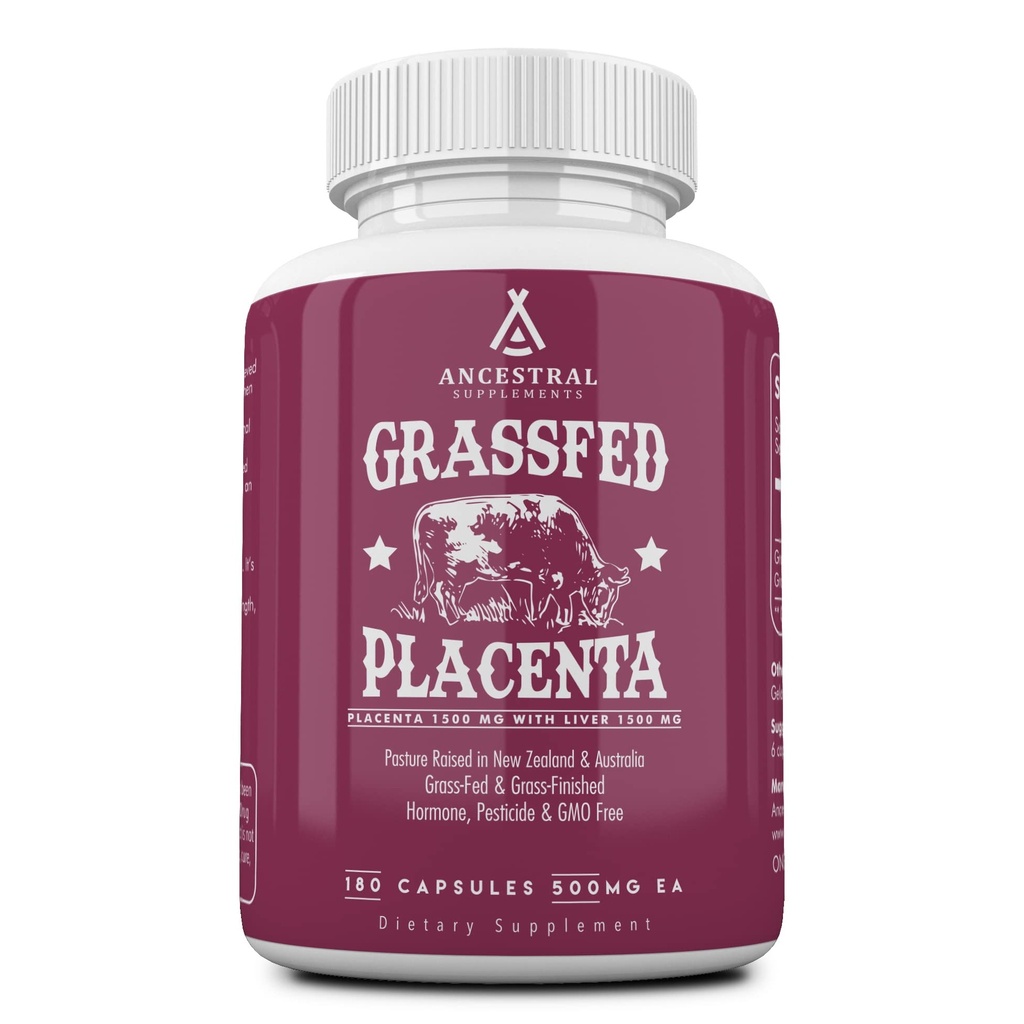 Integratori ancestrali Grass Fed Placenta Supplemento con fegato, contiene vitamine post-partum per le donne allattamento, promuove Menopause Relief, Stem Cells Support Skin Elasticity, 180 Capsule