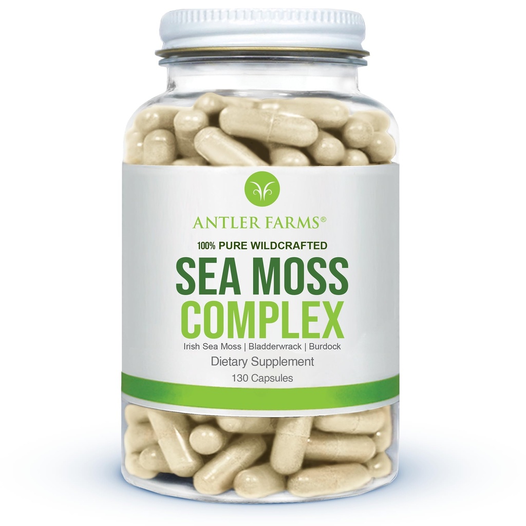 Antler Farms – 100% Pure Sea Moss Complex, 130 Capsules, Wildcrafted Irish Sea Moss, Bladderwrack et Burdock Root – Un mélange de Potent pour le bien-être, Vegan-friendly, Gluten, Soy et Sans Lait