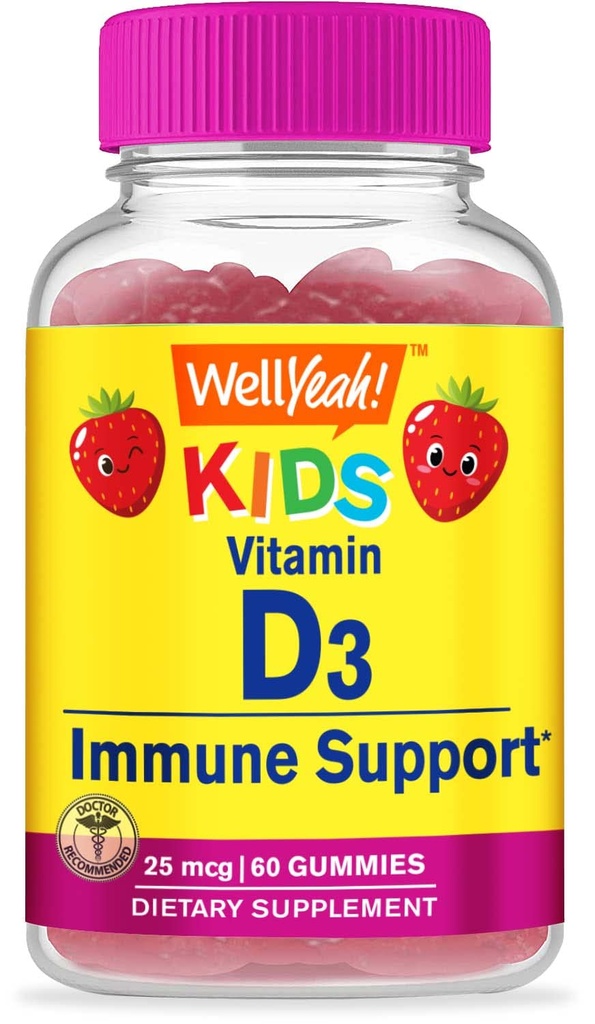 Wellja Kids Vitamin D3 Gummies - 1000 IU (25 mcg)- Unterstützt Knochenstärke und Immunität - Non-GMO, Glutenfrei - Erdbeeren Geschmack - Nahrungsergänzung - 60 Servierungen