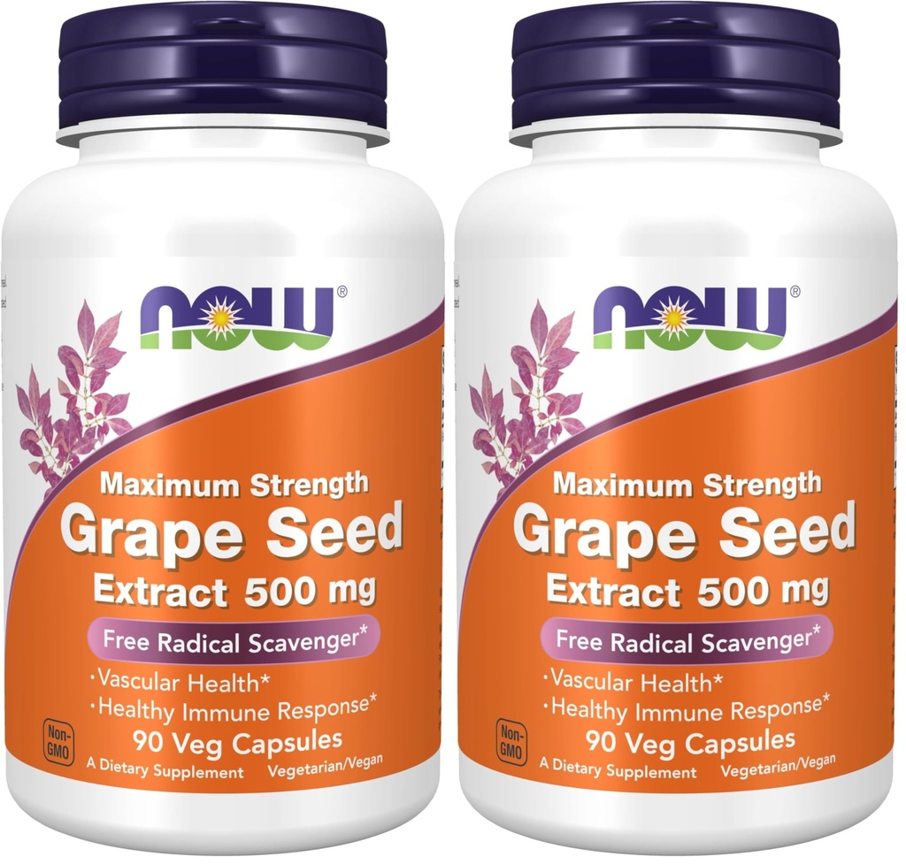 MAINTENANT suppléments, extrait de graines de raisin, concentration maximale 500 mg (extrait hautement concentré avec un minimum de 90% de polyphénols), 90 capsules de légumes, rouge/brun, 0,25 livres (paquet de 2)