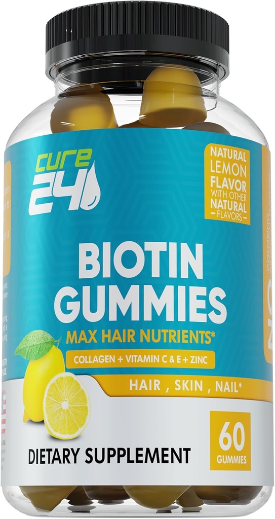 Gommies de biotine avec vitamine C, E, collagène et zinc, Gommies de biotine pour la croissance des cheveux, ongles, peau, support, fabriqués aux États-Unis 60 Gommies