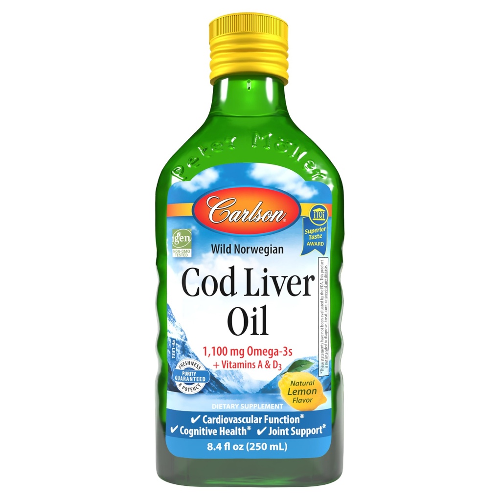 Carlson - Cod Liver Oil, 1100 mg Omega-3s, Liquid Fish Oil Supplement, Wild-Caught Norwegian Arctic, Sustainable Sourced Nordic Liquid, Zitronen, 250 ml