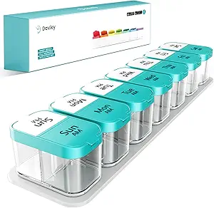 Daviky Large Weekly AM Pill Organizer - 7 Tage, 2 Mal pro Tag mit extra großen Komponenten für Vitamine, Medizin, Nahrungsergänzungsmittel (Cyan)