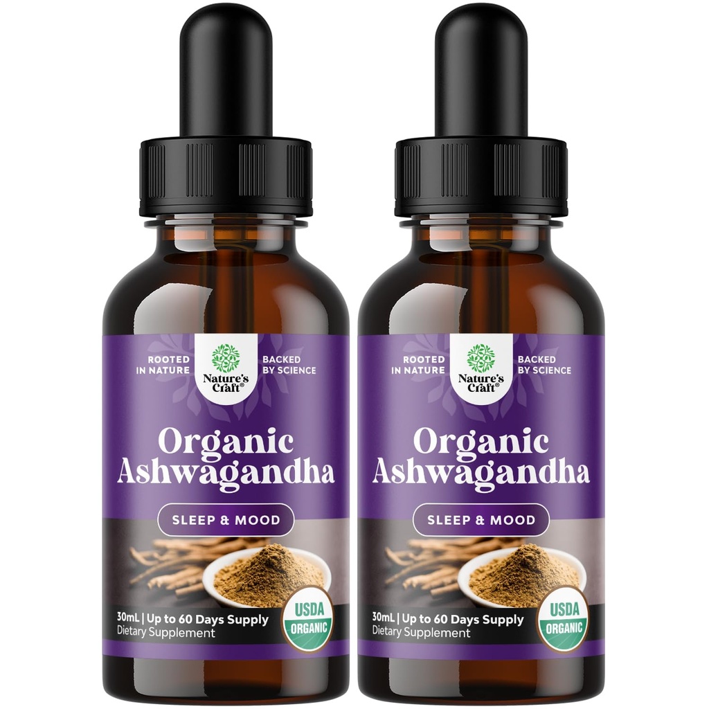 Natures Craft USDA Organic Ashwagandha Gocce Liquide - Liquid Ashwagandha Root Extract per Stress e Mood Support - Tasty Adaptogenic Tincture Non GMO Vegan Gluten Alcohol and Sugar Free (2 Pack)