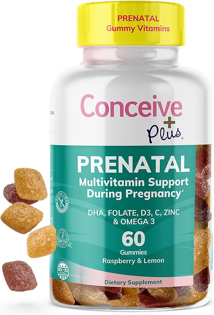 CONCEIVE PLUS Gommies prénatales - DHA, acide folique, vitamine D3, C, zinc et oméga 3, citron naturel + arômes de framboise, 60 comtes, 30 jours d'approvisionnement