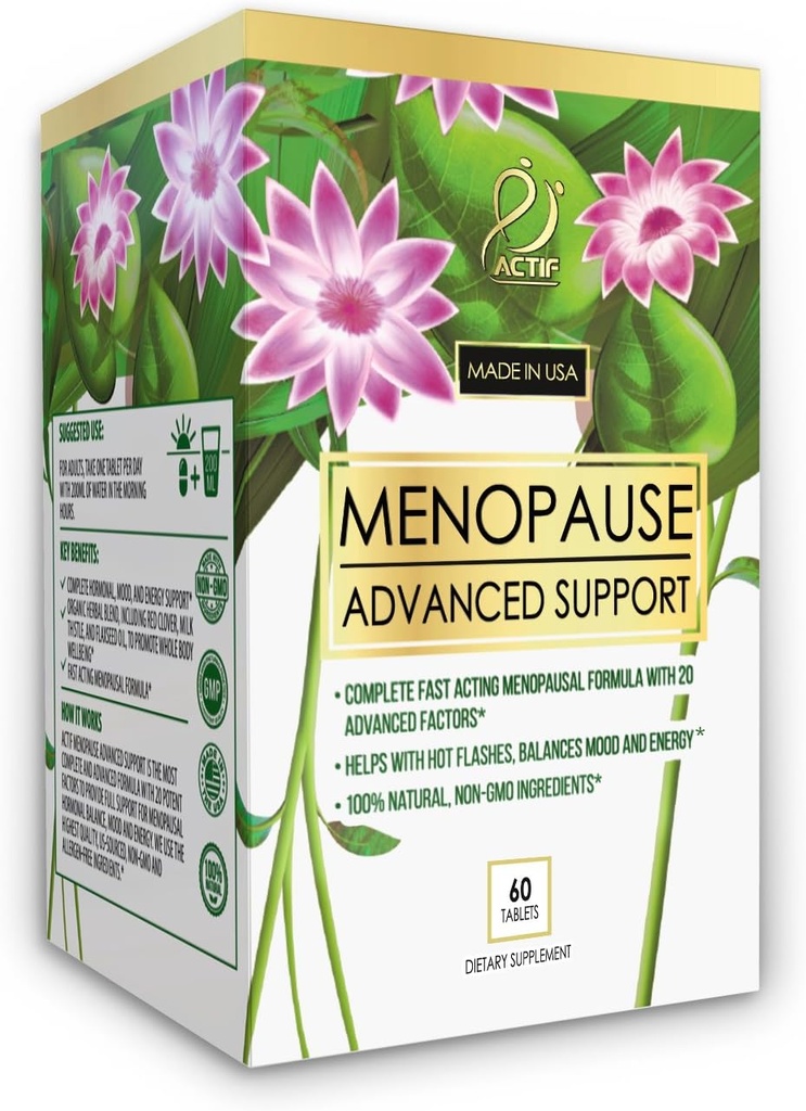 Actif Menopause Supporto Avanzato con 20+ Vitamine Organiche e Erbe - Allevia Flash Hot, Maglioni Notturni - Non OGM, Atto Veloce, Made in USA, 60 Conte