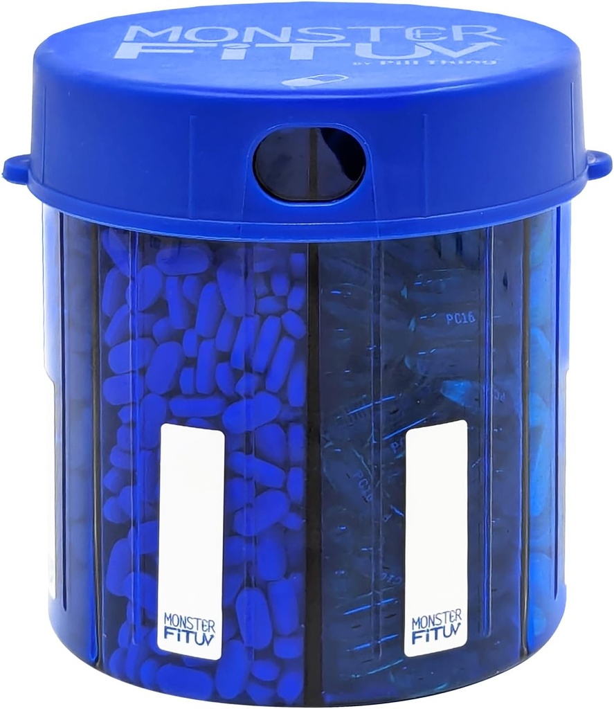XL Supplément Pill Dispenser Bouteille, 7 Compartiment, Étiquettes, Easy Open, Anti-Mixing, UV Protégé Organisateur, Extra Large Vitamine Mensuel, Monster Fit Porte-Médicament (Cobalt Blue, Large)