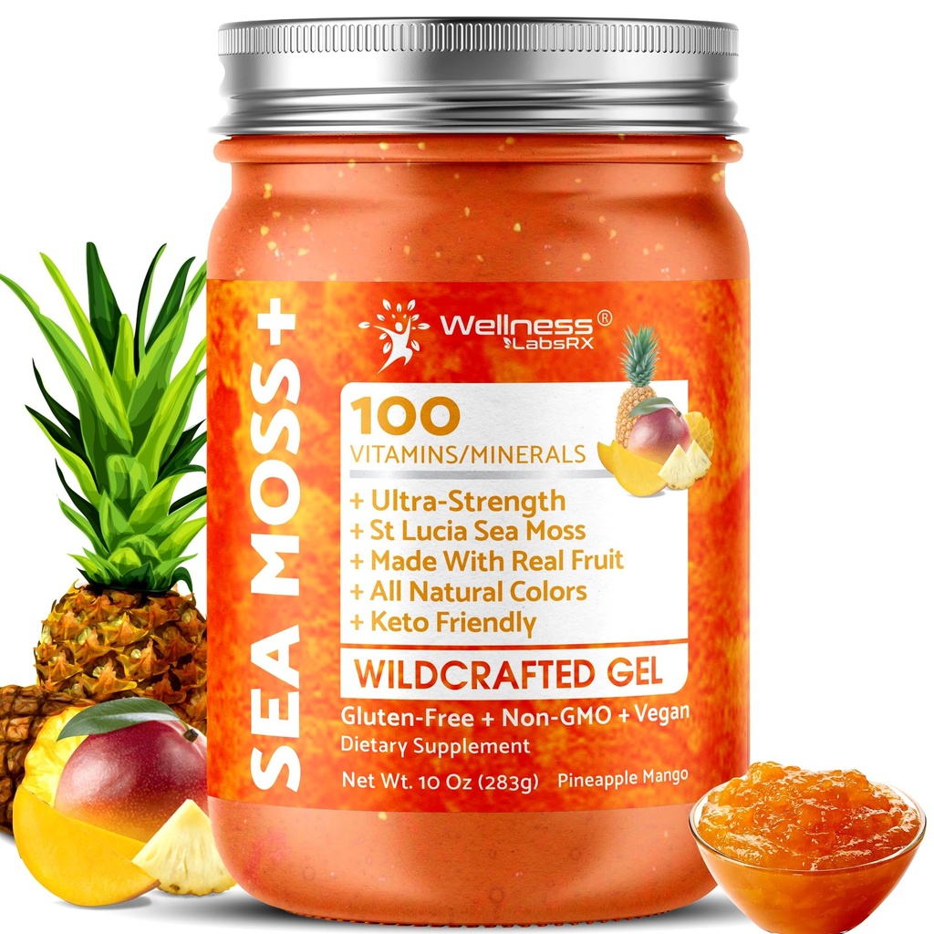 WELLNESS LABSRX Irish Sea Moss Gel Raw - Wildcrafted Superfood Seamoss Gel - Ananas Mango Flavor, Vitamin und Mineral-Rich aus Pristine Caribbean Waters - 10 Unze.