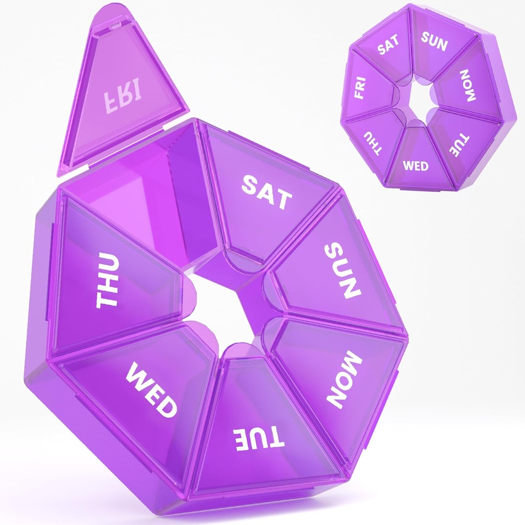 Organizzatore di pillole settimanali, 2 Pack Portable Pill Box Medicine caso 6 colori (sette giorni) Nuova edizione per vitamina/olio di pesce/Pills/Supplements-Arthritis Friendly (Purple)