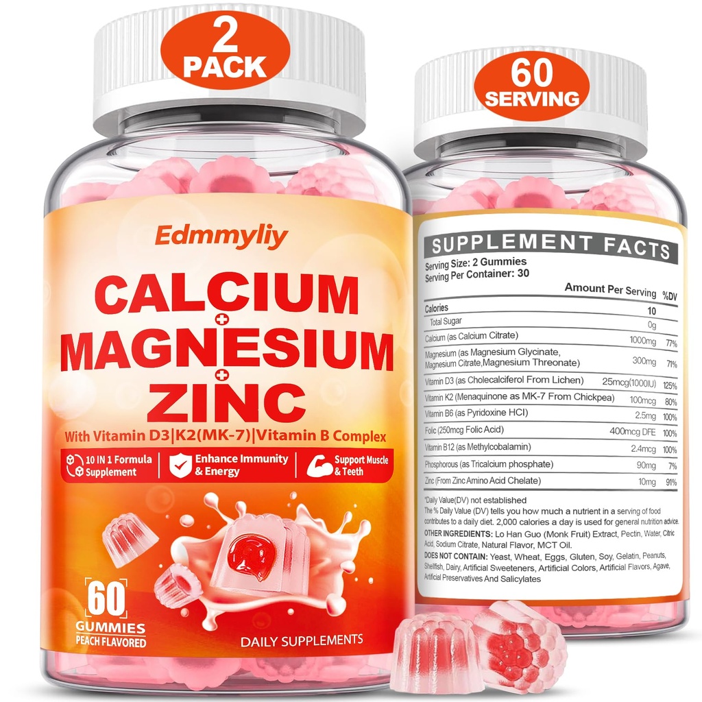 Calcium Magnesium Zink-Ergänzungsgummis mit Vitamin D3 K2 & B-Komplex für Frauen 1000mg Calcium-Zitrat mit Magnesium-Gummien für Knochen, Muskeln und Immununterstützung, Zuckerfrei, Vegan