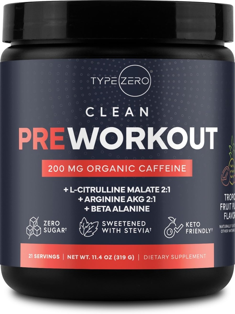 Tipo Zero Clean Pre Workout (11.3 oz, Fruit Punch) + Radice di barbabietola + L-Arginina + L-Citrulline, 2G Arginina, L-Citrulline Malate, Beta A, Sugar Free, Organic Caffeine Preworkout per Uomini & Donne