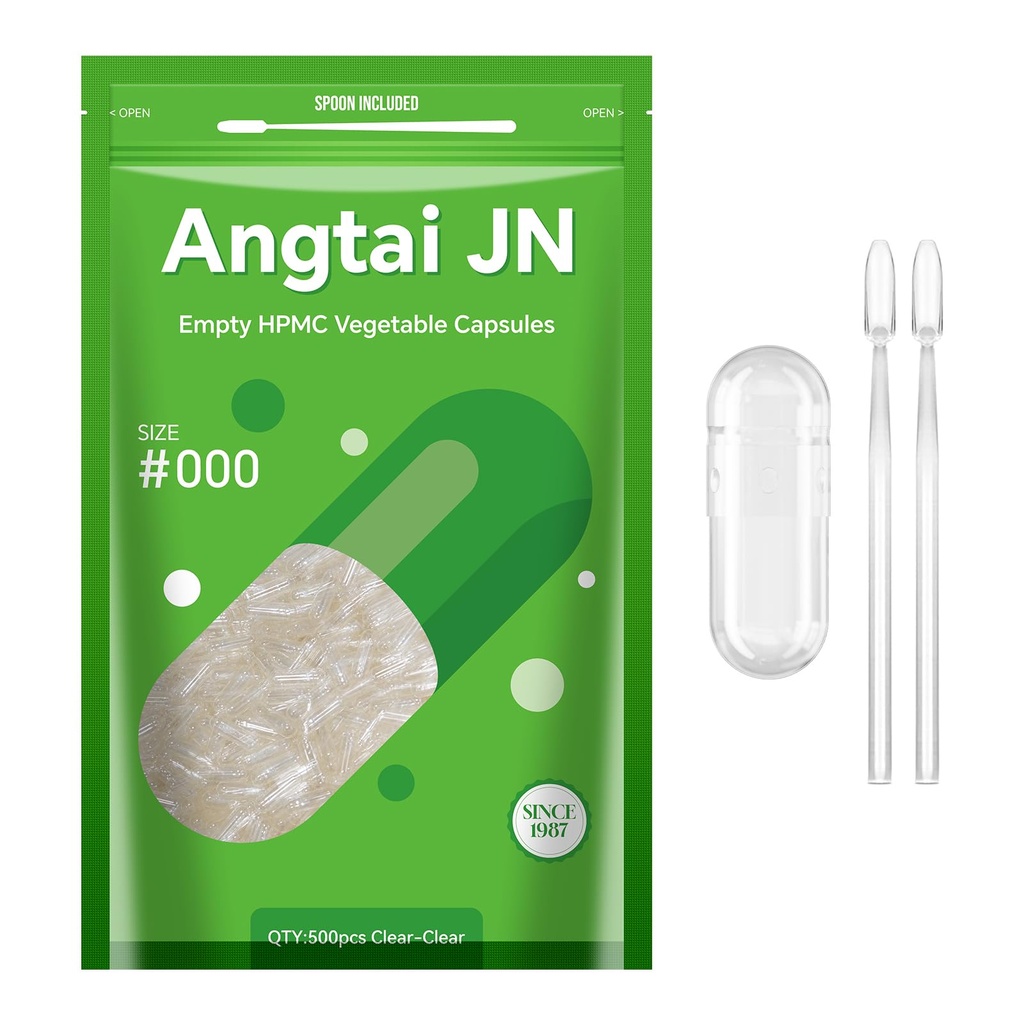 Capsules Taille 000 Vegan Vide Plant Base Clear (500 Compte) Sans gluten, sans OGM, bouchons de pilules certifiés Halal avec 2 cuillères pour le bricolage végétarien Vos propres suppléments