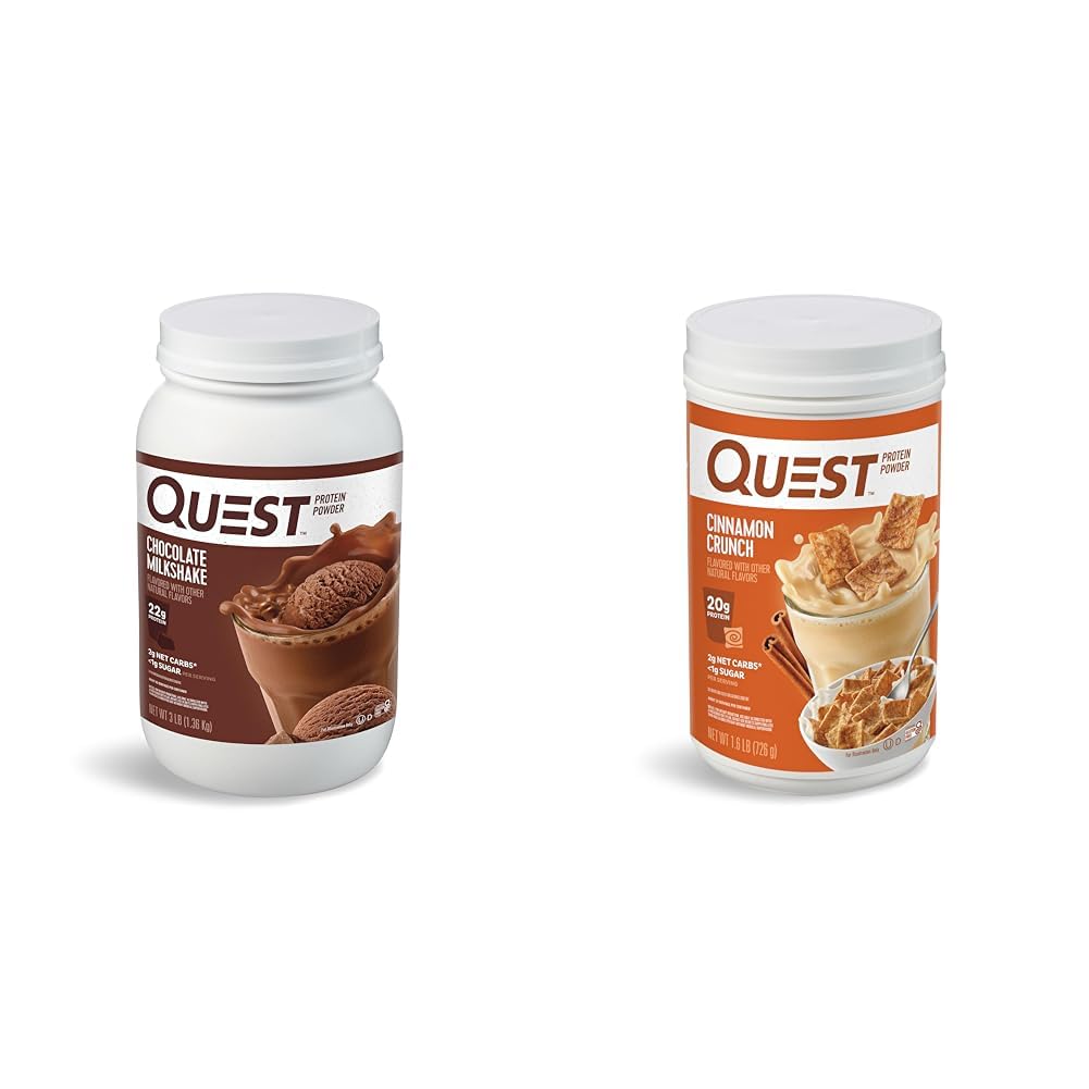Quest Nutrition Chocolat Poudre de protéines de milkshake, 22g de protéines, 1g de sucre, faible teneur en glucides, sans gluten, 3 livres, 43 portions et poudre de protéines concassées de cannelle, 20g de protéines, 2g de glucides nets, 1g de sucre